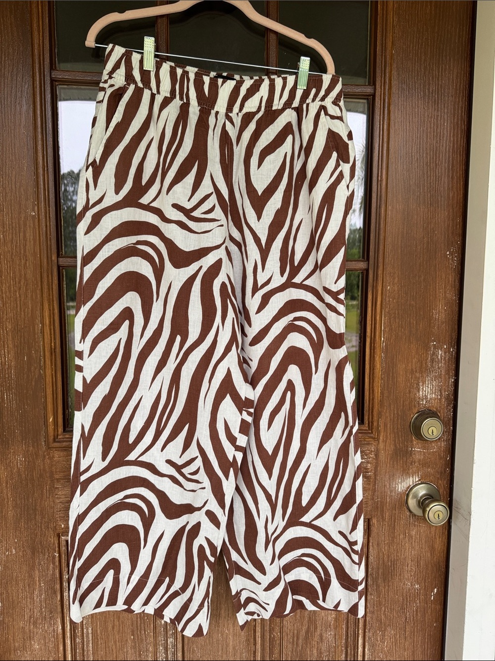 Womens Brown & White Zebra Print Linen Wide-Leg Pants